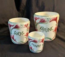 Set of 3 Spice Jars Floral Decor Art Nouveau Embossed, Flour Sugar Pepper