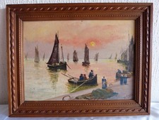 Marine painting painting school coast woman Breton old rigging fishing boat