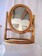 Original Miroir de table ovale Vintage  Rotin Bambou Pivotant dlg Sognot  36 cm 