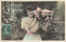 CP EASTER SMILING WOMAN BASKET HOLDER PINK EGGS FLOWERS - 34961