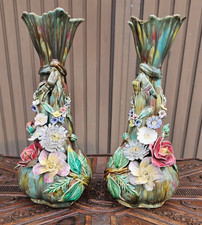PAIR antique barbotine majolica floral decor vases