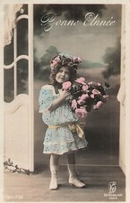 CP GOOD YEAR ELEGANT LITTLE GIRL WITH BOUQUET OF ROSES WINDOW DOOR