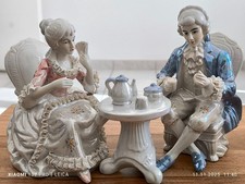 Vintage Porcelain Couple Figurines at Tea Table – Rococo Style, Hand Painted, 22