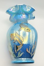 Fenton Turquoise Overlay Iridized Vase Gold Koi Fish Designer Showcase