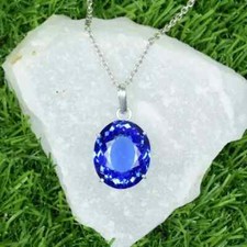 Natural Blue Tanzanite Pendant 30.50 Ct+ With Chain Oval Cut 925 Silver AG Gems