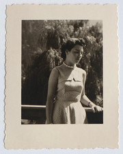 Chic melancholic woman, dress, pin up - vintage photo snapshot, Mayrhofeu, 1951