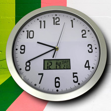 Combination Analog & Digital Classic School Wall Clock Silver Acrylic Frame