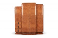 Antique Art Deco Elm Wood Mirrored Armoire Cabinet, 1940s