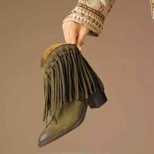 Bottes Chaussures Bottes Vert Franges Bottines 8 CM Cuir Synthetique 47660