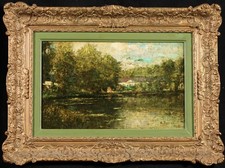ALFRED BASTIEN (1873-1955) SIGNED 1892 BELGIAN OIL ON PANEL - COTTAGE BY LAKE