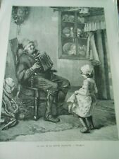 Engraving 1877 - Le Bal de la petite Jeannette Enfant Accordion Grand Père