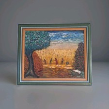 Antique Painting Oil On Canvas Landscape" Farmers Campaign Diaz Ojeda 1963