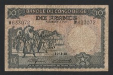 10 Francs 1948, CONGO BELGE, P-14E, Préfixe 1 Lettre (W), F-, Imprimé à Londres