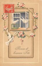 Postcard fantasy representing a cage with birds and doves / postcard waffle