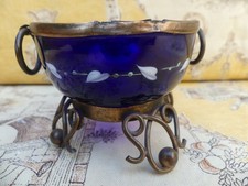 Baguier vide poche Napoleon 3 verre bleu émaillé monture cuivre 7,5cmX6cm haut