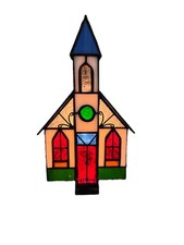 Vtg  Christmas Tiffany Style Stained Glass Lighted Church Tabletop Lamp  Village
