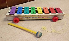vintage ancien jouet bois pull a tune xylophone fisher price 