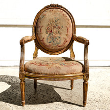 Antique French Louis XVI Style Gilt Hand Carved Fauteuil Chair • PARIS Stamp
