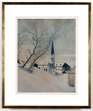 ANCIENNE ET BELLE AQUARELLE VUE D'EGLISE EN RUSSIE EN HIVER  (178)
