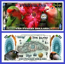 Piwi Islands $10, Piwi and flowers, gold foil segmented security strip UNC