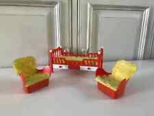 24⚜️ Antique Doll Furniture 1 Bed and 2 Armchairs Orange Vintage