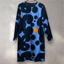 marimekko Long-sleeve Dress Cotton Keidas Size L Blue From Japan