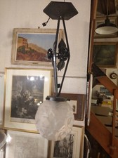 Art Deco ""Ball"" Pressed Glass Wrought Iron Ceiling Light Suspensions No. 2