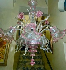Lustre monumental 8 lumières, Murano transparent et rose 92x100