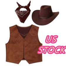 Kids Boys Girls Western Cowboy Cowgirl Outfit Open Front Vest with Hat