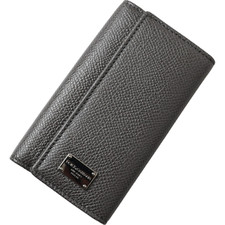 DOLCE & GABBANA Keyring Gray Leather Silver Metal Logo Plaque Trifold 320usd