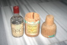 Antique Ricqles glass pharmacy bottle in wooden box early 1900