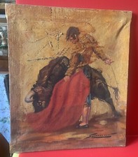 Antique Oil On Canvas Bullfight Scene Painting Signed MUST IDENTIFY