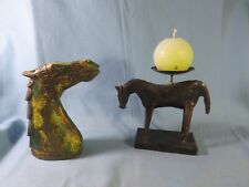 Tête de cheval bois peint & laiton( Inde) & cheval porte bougie, en fer .