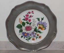 antique Revol porcelain earthenware plate flower decor with pewter stand 