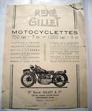 Fiche Catalogue  MOTO / SIDE-CAR RENE GILLET 750  - 1 pages recto verso