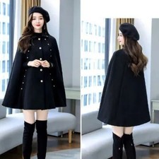 Manteau épais femme noir cape châle en laine ample style Hepburn