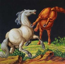 CHEVAUX SE BATTANT. AQUARELLE