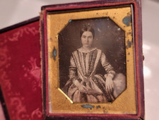 Early sixth plate daguerreotype woman with great dress some issues w/ condition