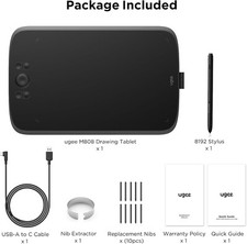 UGEE M808 Drawing Tablet with USB-C, 10x6.25", 8192 Pen, 8 Keys, Win/Mac/Android