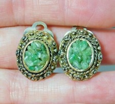 Ovale Vintage Jade Vert Pierres Mosaïque Marguerite Fleurs Feuilles Or T Pince