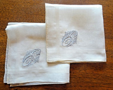 2 Early 20th Monogrammed Linon Handkerchiefs, Hand Trailed -28cm x 28cm