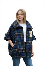 Manteau DESIGUAL Femme EU 40 Tartan Bleu Mélange De Laine Oversize Brodé Kimono