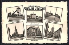 Old postcard Fontaine L ́Eveque, La Gare et Monument, Egilse St. Christophe 