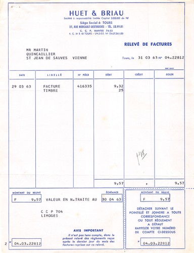 Facture 1963 huet briau - ,