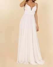 Robe cérémonie longue empire avec traine buste plissée et perlées dos nu T40  L