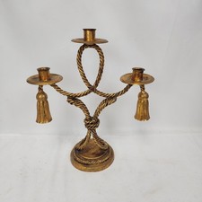 Italian Tole Gilt Rope & Tassel Hollywood Regency 3-Arm Candelabra 12"