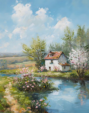 Affiche jardin chalet maison de campagne rivière art mural...