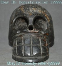5.6" China Hongshan Culture Old black jade carved Skull Skeleton Cranium Statue