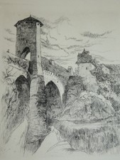 Georges GOBO (1876-1958) EAU FORTE ORIGINALE ORTHEZ PAU BEARN PYRENEEES 1940 b