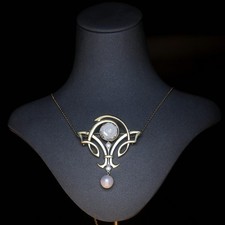 Collier Pendentif & Broche Doré Vraie Perle Nacre Blanche Art Nouveau Style SB38